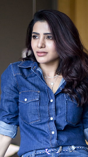 Samantha Akkineni in a Blue Denim Shirt with Layered Silver Necklaces HD phone wallpaper