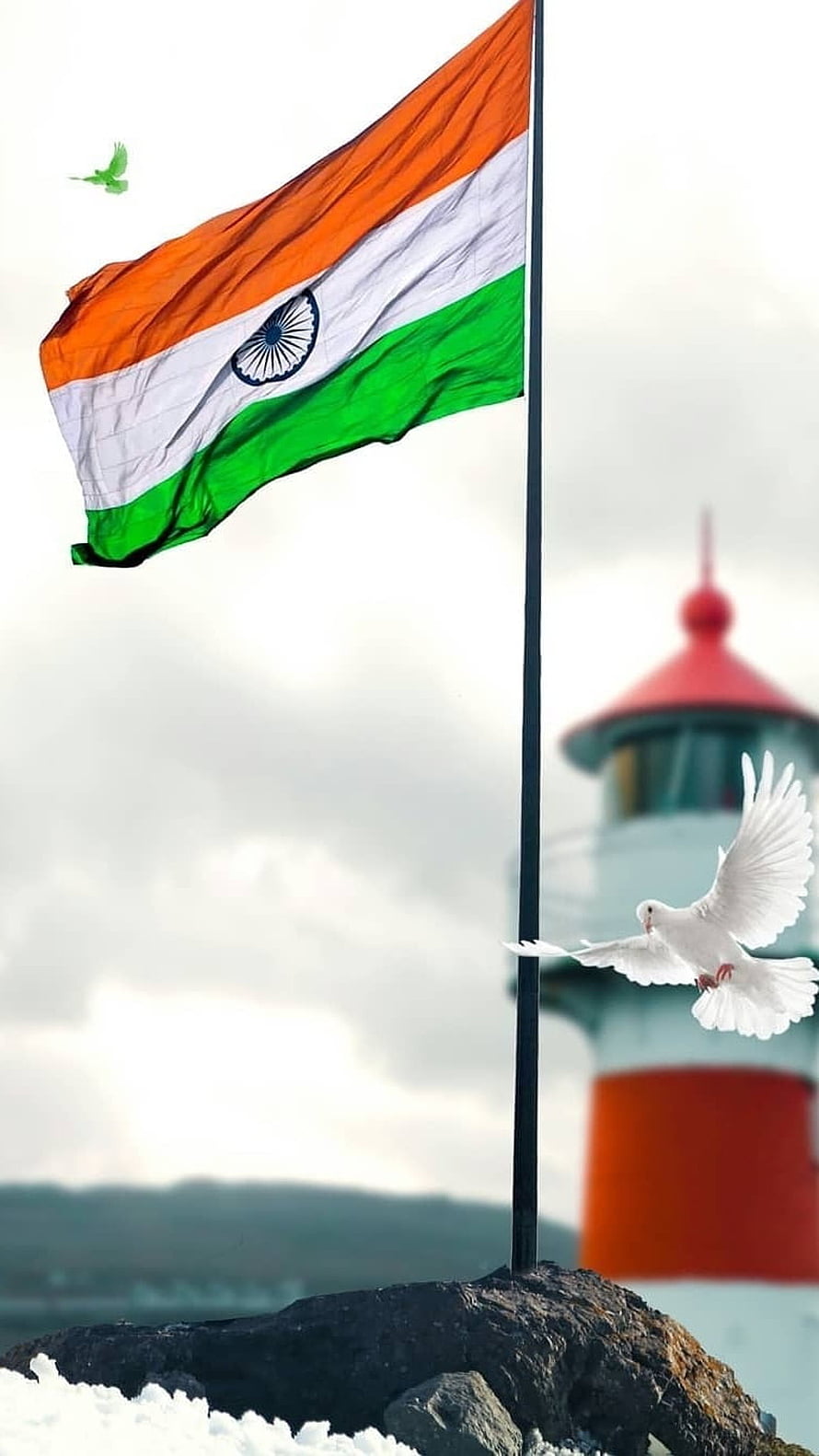 Indian Flag Waving on Rocky Shore with Lighthouse and Flying White Dove HD phone wallpaper
