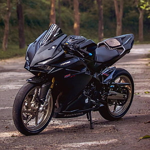 Black Honda CBR250RR Sport Motorcycle Parked on Forest Road HD phone wallpaper
