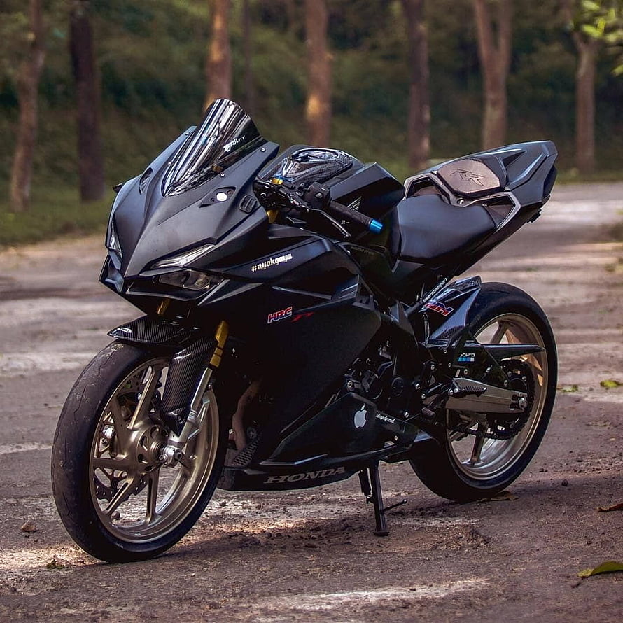 Black Honda CBR250RR Sport Motorcycle Parked on Forest Road HD phone wallpaper
