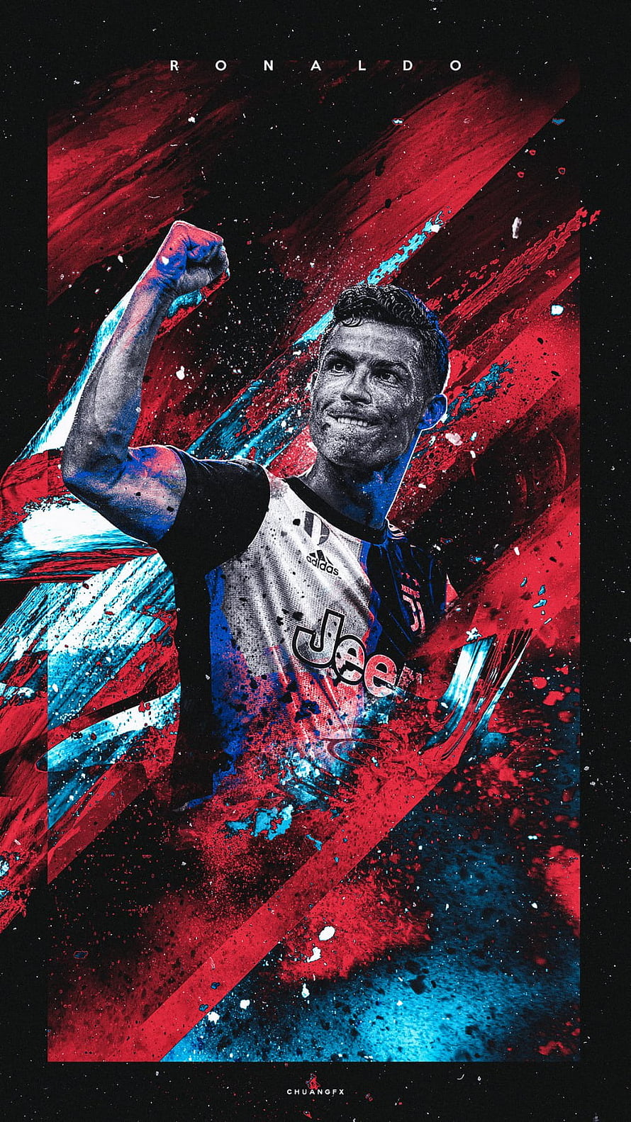 Cristiano Ronaldo Juventus Artwork with Red and Blue Splatter Effects HD phone wallpaper