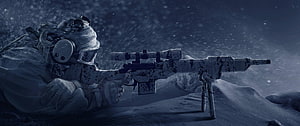 Snow Camouflage Sniper Soldier Aiming Rifle in Winter Storm HD wallpaper