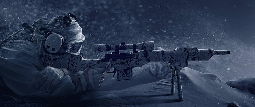 Snow Camouflage Sniper Soldier Aiming Rifle in Winter Storm HD wallpaper