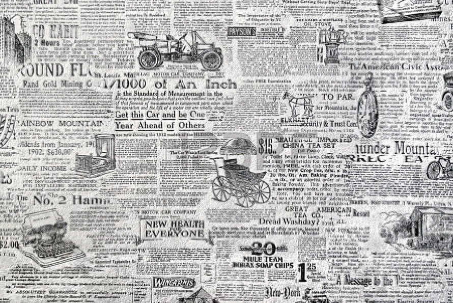 Vintage Newspaper Collage Wallpaper Featuring Early 20th Century Advertisements, Antique Cars, and Historical Typography HD wallpaper