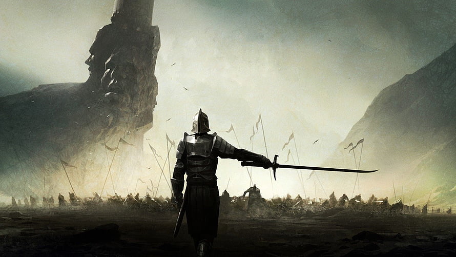 Medieval Knight Standing on a Battlefield with Sword Drawn HD wallpaper