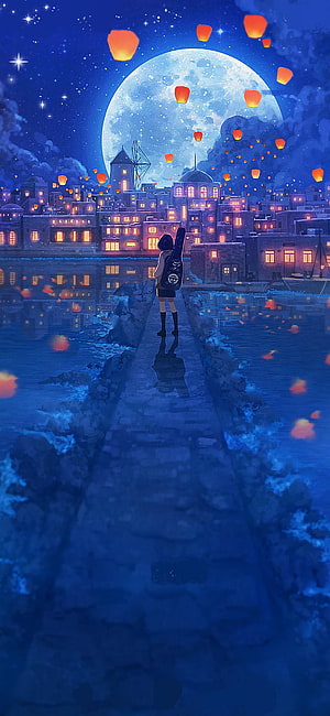 Anime girl with guitar on a stone pier beneath a full moon and floating lanterns HD phone wallpaper