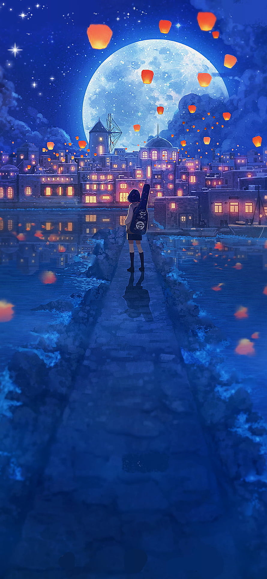 Anime girl with guitar on a stone pier beneath a full moon and floating lanterns HD phone wallpaper