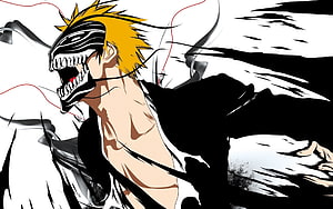 Ichigo Kurosaki in Hollow Form with Black Mask and Spiky Blonde Hair HD wallpaper