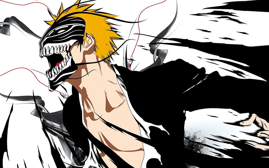 Ichigo Kurosaki in Hollow Form with Black Mask and Spiky Blonde Hair HD wallpaper