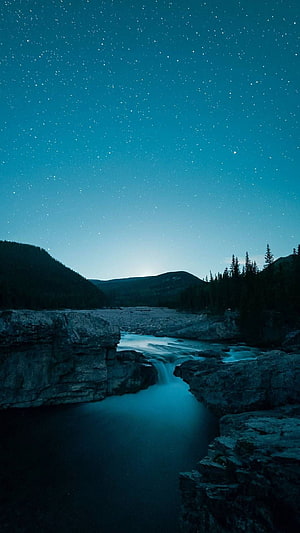Starry Night Sky Over Rocky River Canyon With Long Exposure Waterfall HD phone wallpaper