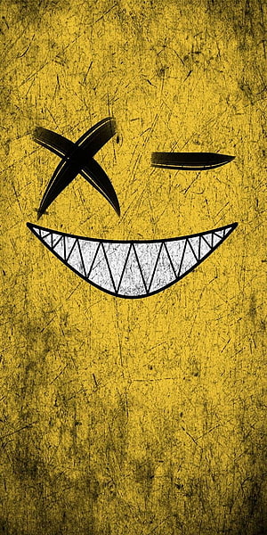 Grungy Yellow Smiley Face With Sharp Teeth And X Eye HD phone wallpaper