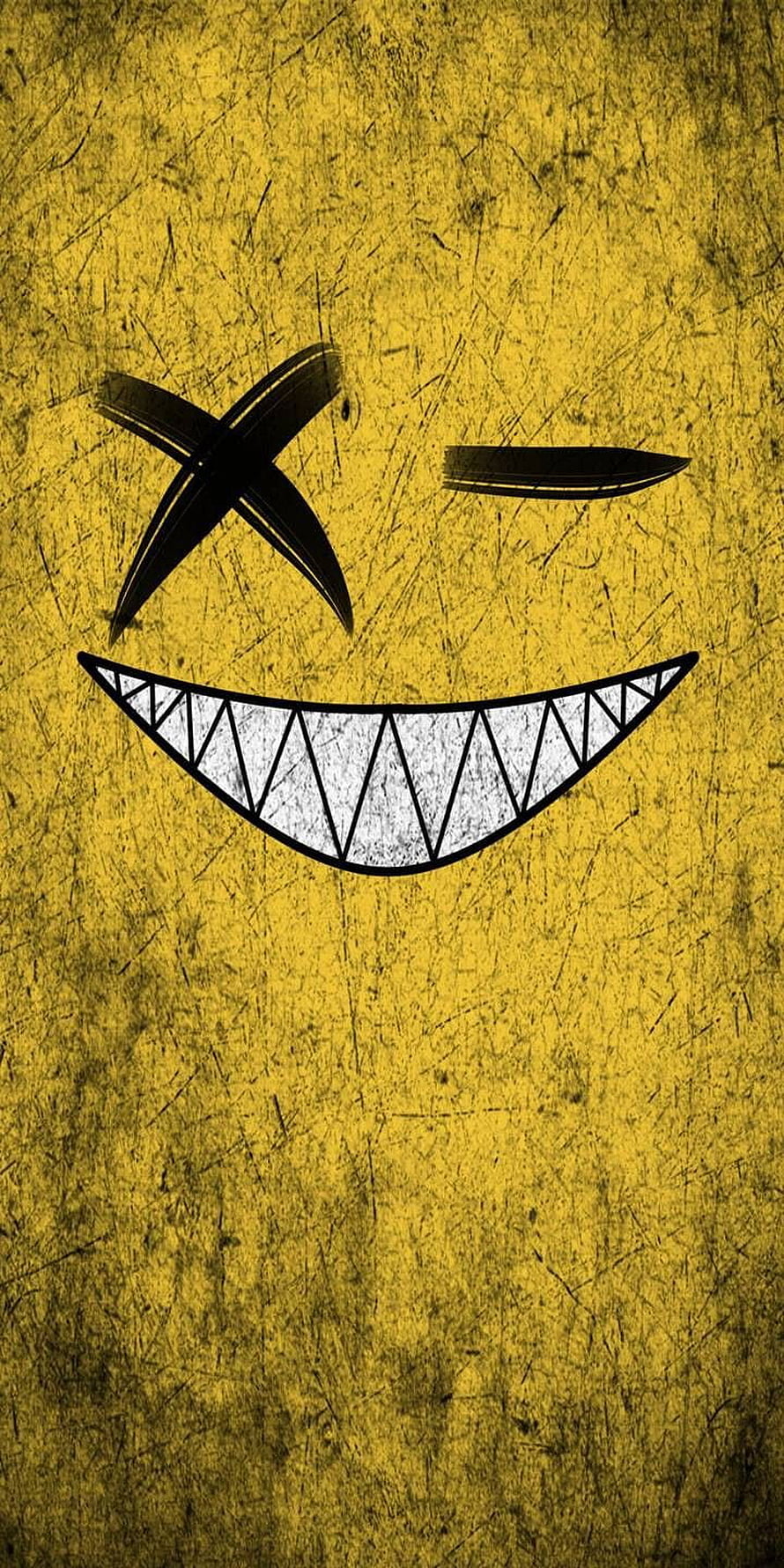 Grungy Yellow Smiley Face With Sharp Teeth And X Eye HD phone wallpaper