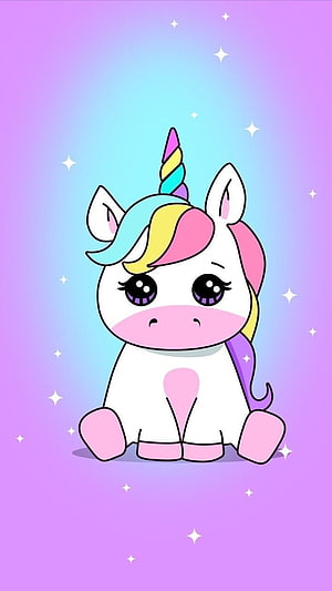 Cute Cartoon Unicorn with Rainbow Mane and Sparkling Pastel Background HD phone wallpaper