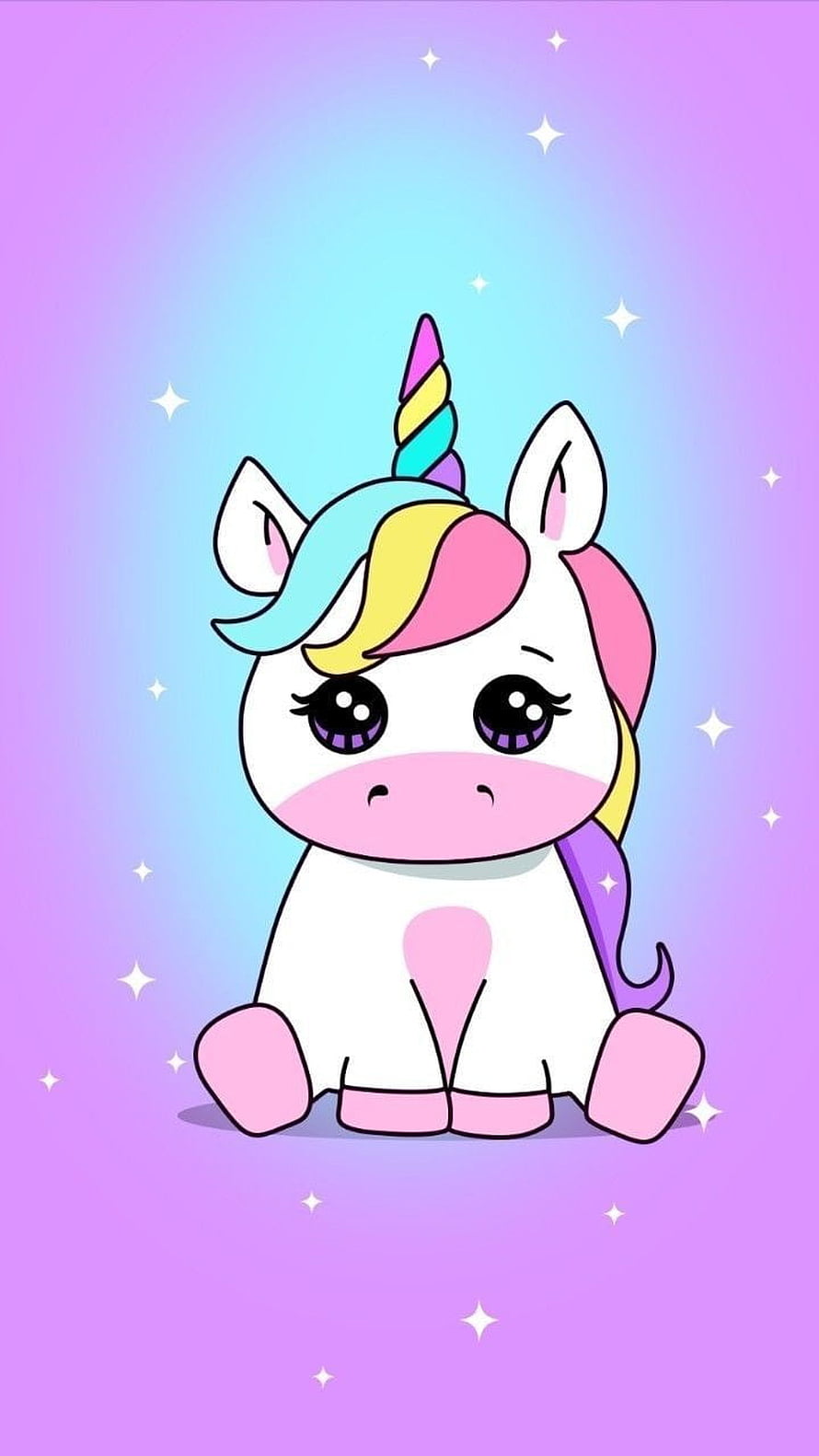 Cute Cartoon Unicorn with Rainbow Mane and Sparkling Pastel Background HD phone wallpaper