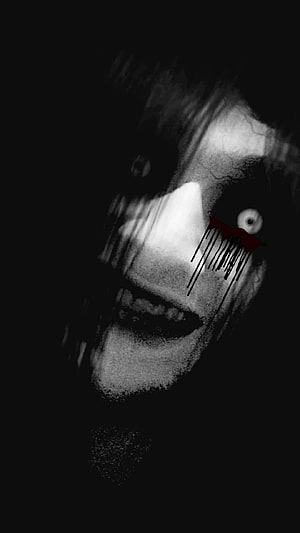 Distorted Black and White Horror Face with Glitch Art and Blood Drip Effect HD phone wallpaper