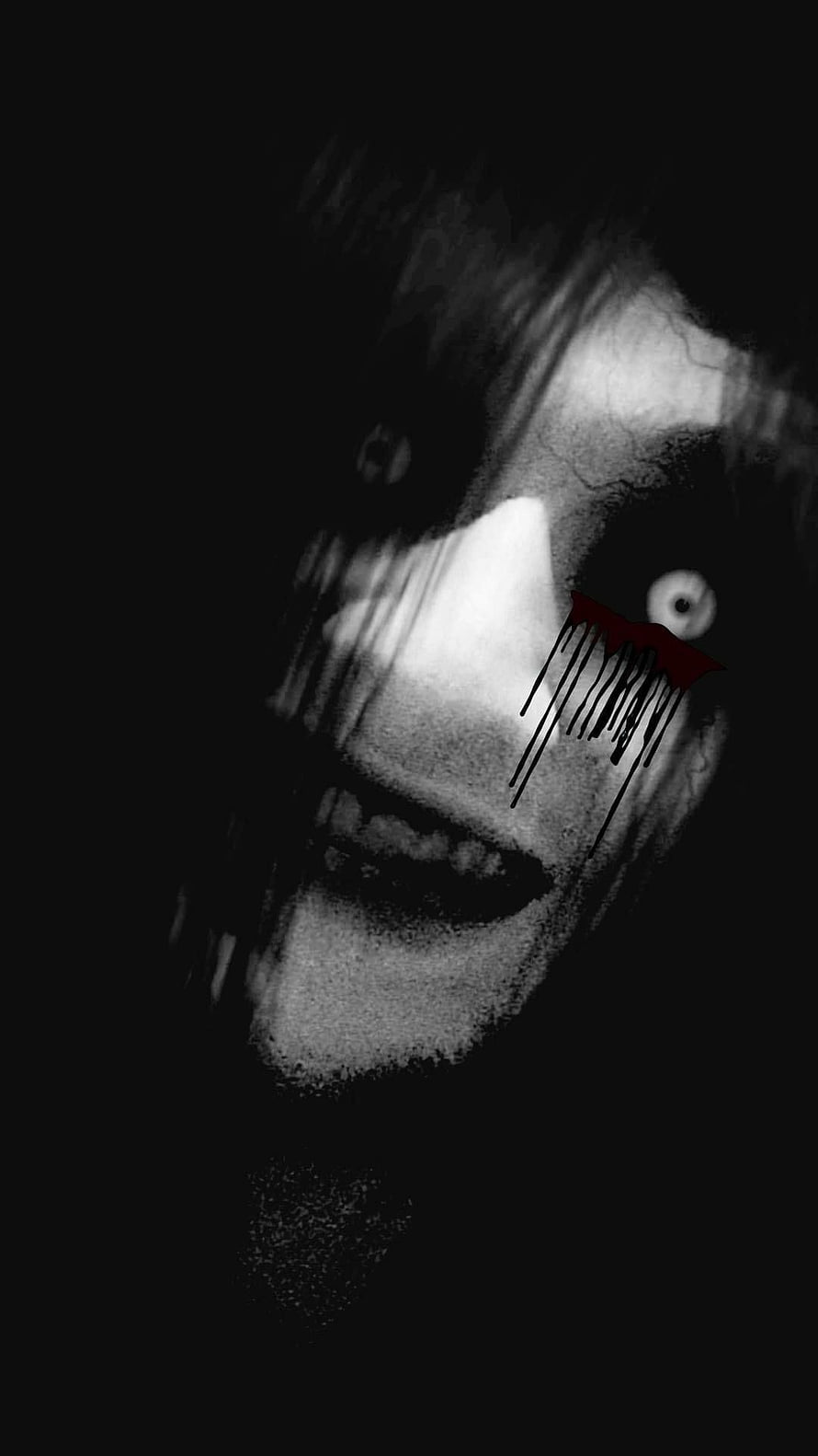 Distorted Black and White Horror Face with Glitch Art and Blood Drip Effect HD phone wallpaper