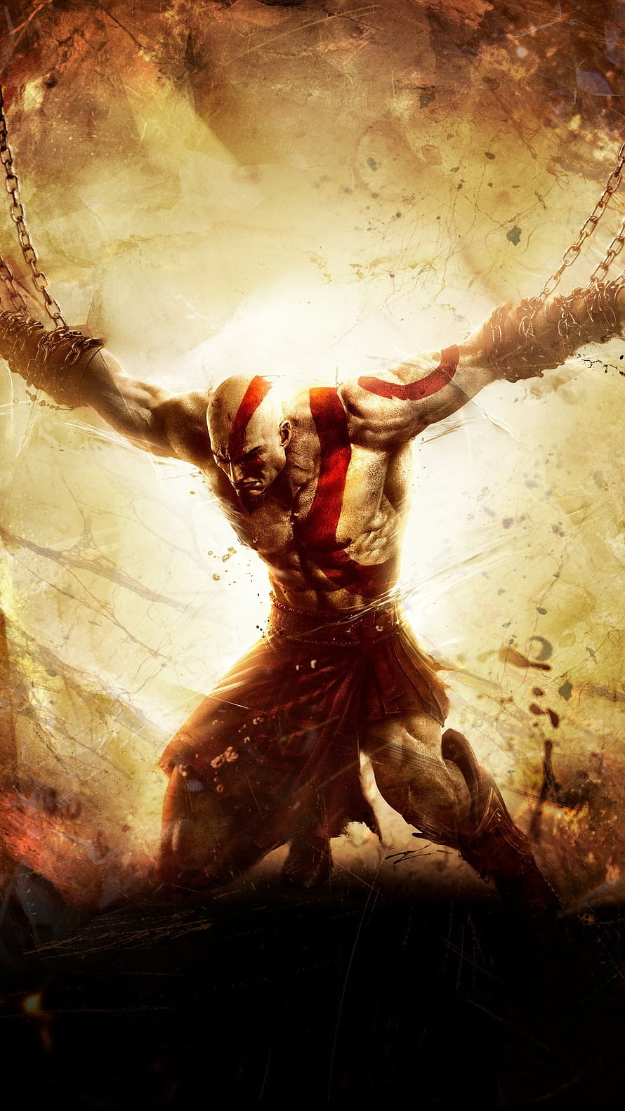 Kratos From God Of War Straining Against Chains In Dramatic Golden Light HD phone wallpaper