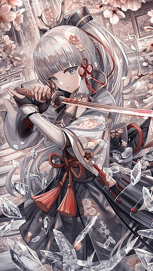 Genshin Impact Anime Girl in Kimono Holding Katana with Ice Crystals and Cherry Blossoms HD phone wallpaper