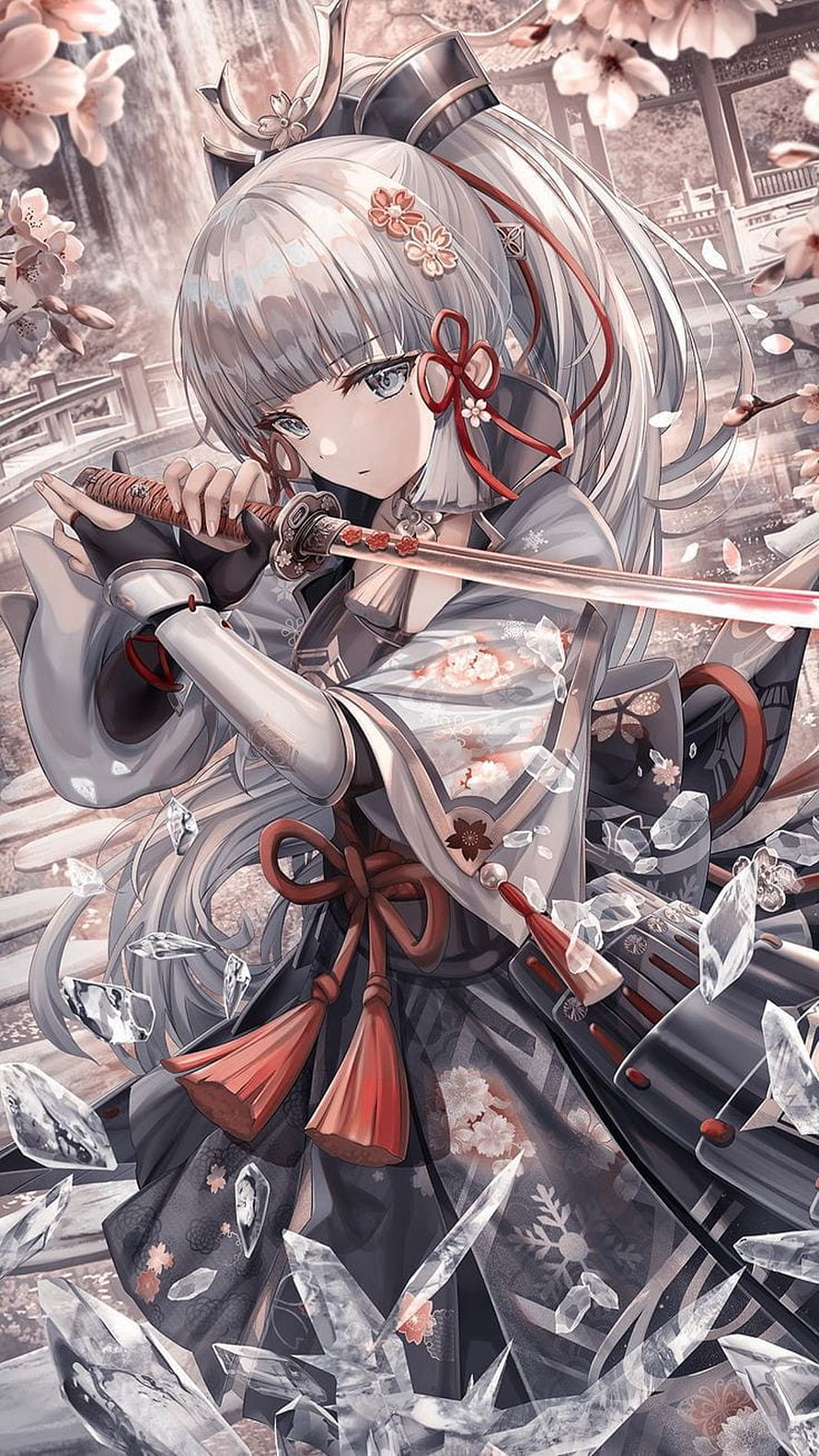 Genshin Impact Anime Girl in Kimono Holding Katana with Ice Crystals and Cherry Blossoms HD phone wallpaper