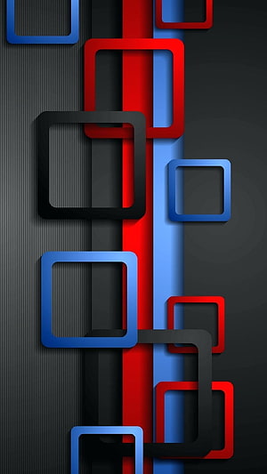 Abstract Geometric 3D Square Frames in Red Blue and Black on Dark Background HD phone wallpaper