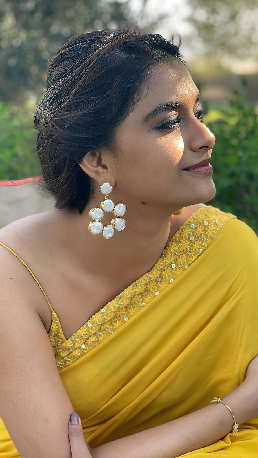 Woman in Yellow Saree with Pearl Earrings Portrait, Keerthi Suresh, saree beauty, tamil actress HD phone wallpaper
