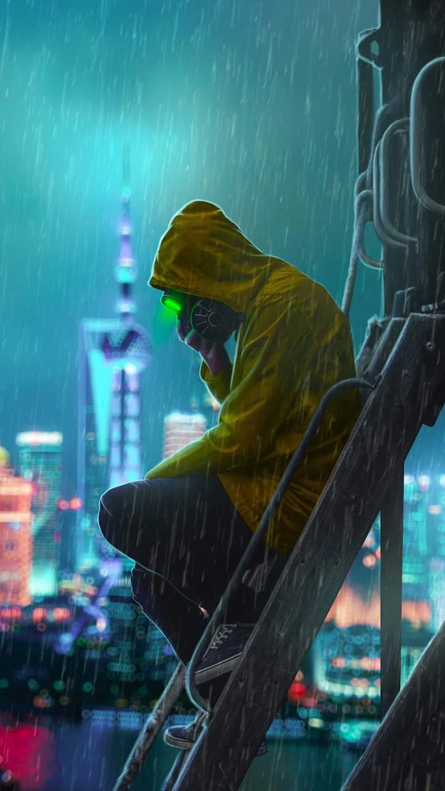 Cyberpunk Hacker in Yellow Hoodie Listening to Music in Rainy Shanghai Night HD phone wallpaper