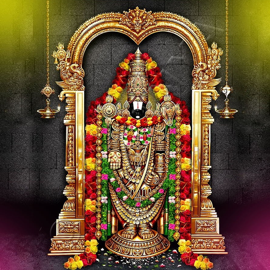 Golden Ayyappan Statue with Flower Garlands and Oil Lamps HD phone wallpaper
