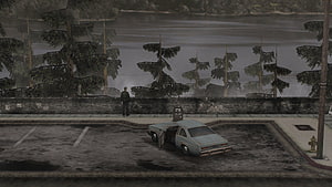 Silent Hill 2 Foggy Lakeside Parking Lot Scene With Lone Figure And Abandoned Car HD wallpaper