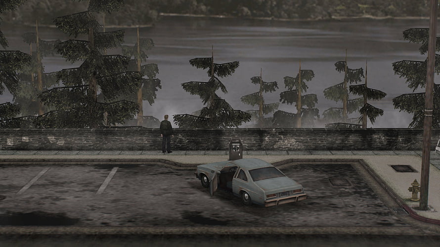 Silent Hill 2 Foggy Lakeside Parking Lot Scene With Lone Figure And Abandoned Car HD wallpaper