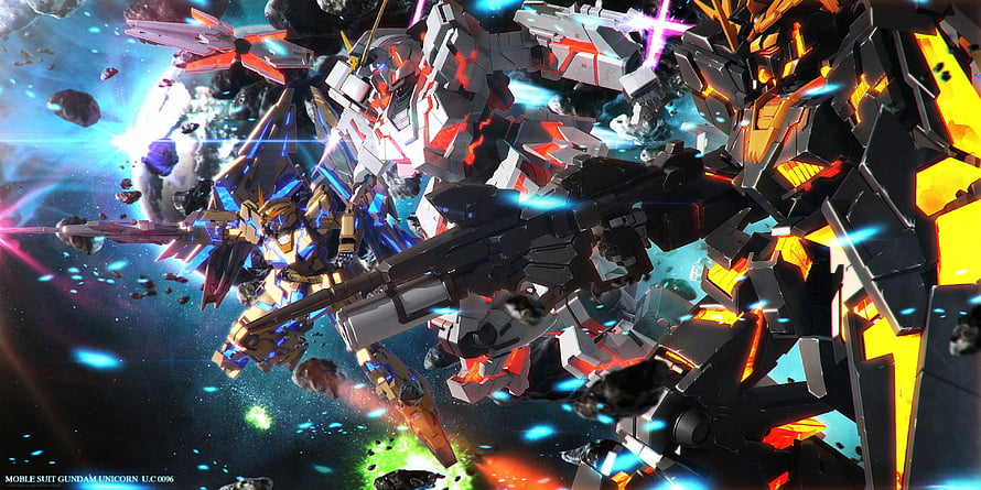 Mobile Suit Gundam Unicorn 0096 Battle Scene with RX-0 Unicorn and Destroy Mode Mecha in Space HD wallpaper