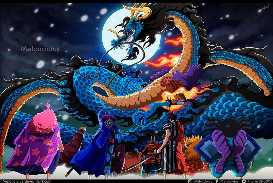 One Piece Wano Country Dragon and Samurai Under Full Moon HD wallpaper
