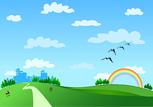 Colorful Cartoon Landscape with Rainbow, Rolling Hills, and City Skyline HD wallpaper