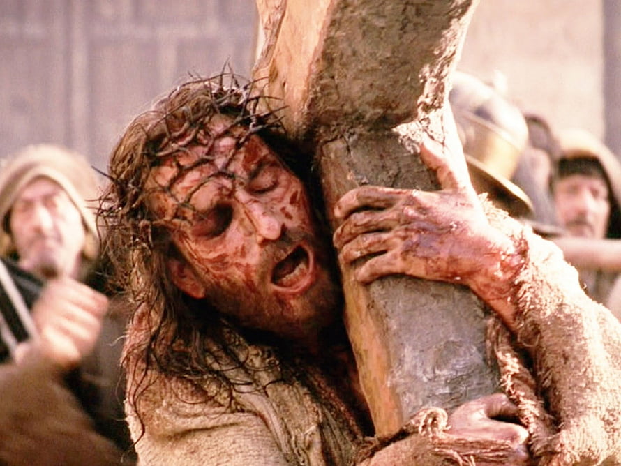 Jesus Carrying the Cross Cinematic Scene with Crown of Thorns and Blood HD wallpaper