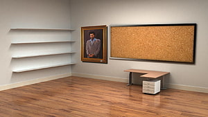 Minimalist Office Room With Wooden Floor, Cork Board, And Framed Portrait HD wallpaper
