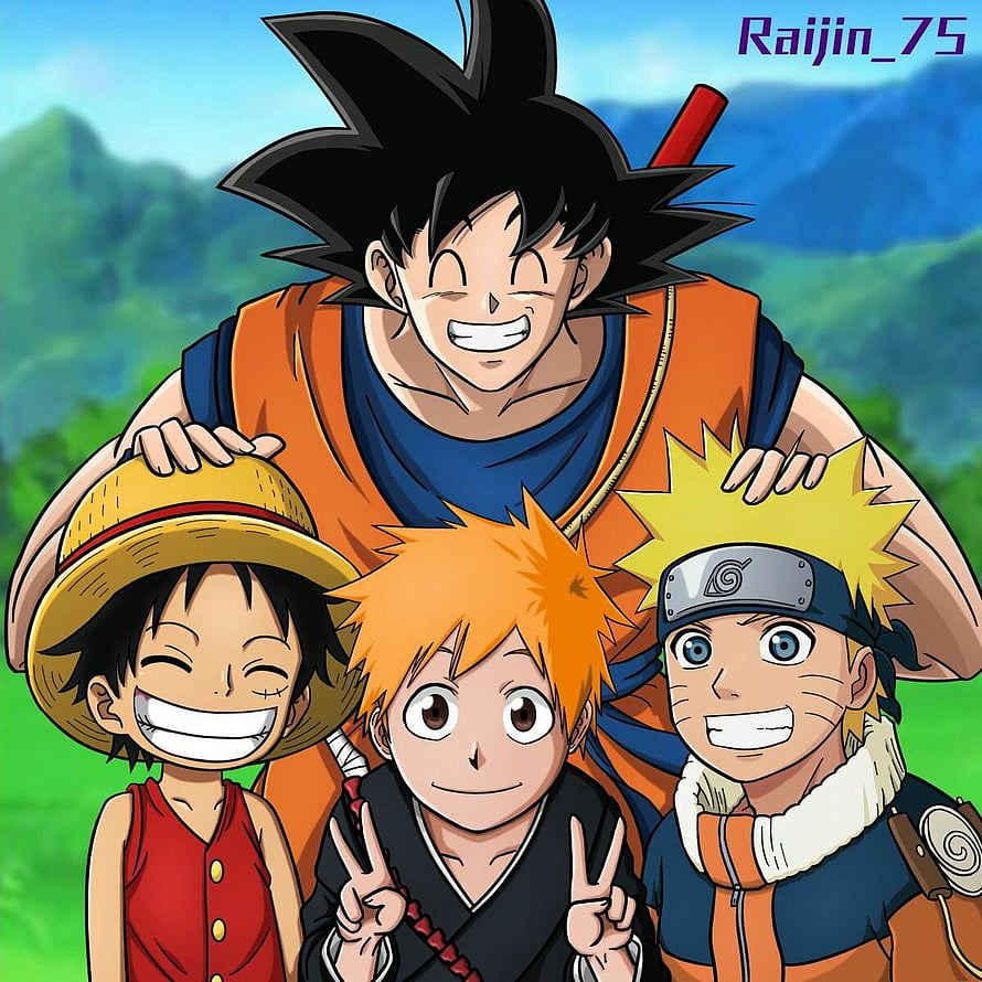 Goku, Luffy, Ichigo, and Naruto Anime Crossover Group Portrait Wallpaper HD phone wallpaper
