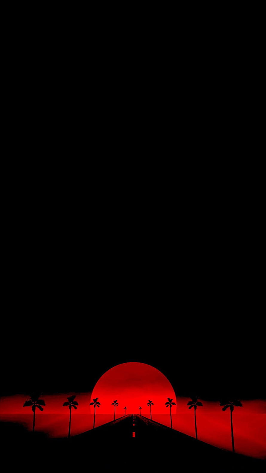 Dark Red Sunset Road With Palm Tree Silhouettes HD phone wallpaper