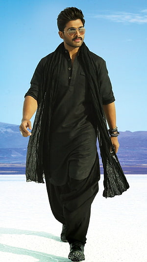 Allu Arjun in Black Kurta and Shawl Walking on White Salt Flat HD phone wallpaper