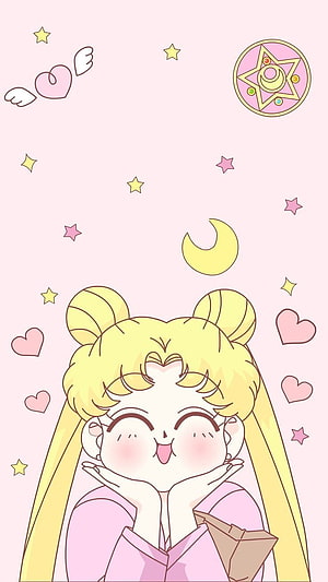 Cute Chibi Usagi Tsukino from Sailor Moon with Stars and Crescent Moon on Pink Background HD phone wallpaper