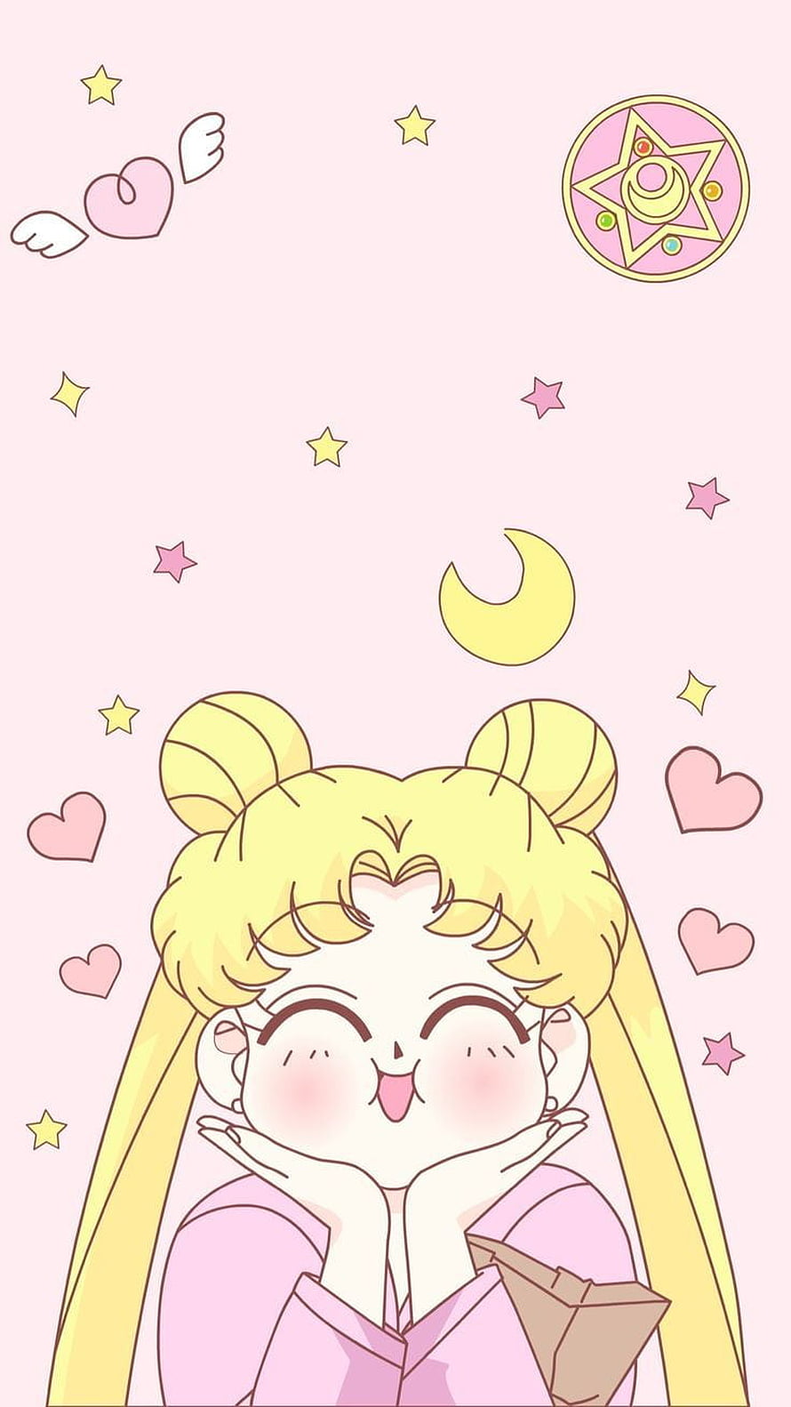 Cute Chibi Usagi Tsukino from Sailor Moon with Stars and Crescent Moon on Pink Background HD phone wallpaper