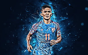 Sunil Chhetri in India National Team Jersey with Dynamic Blue Energy Effects HD wallpaper
