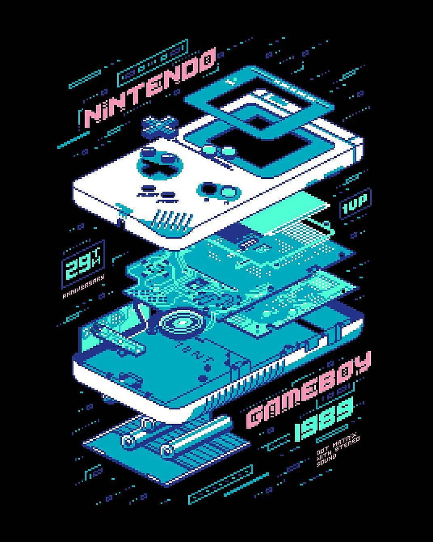 Nintendo Game Boy 35th Anniversary Isometric Pixel Art Wallpaper HD phone wallpaper