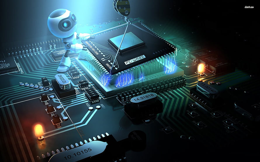 Cute Robot Repairing Glowing Microchip on Futuristic Circuit Board HD wallpaper