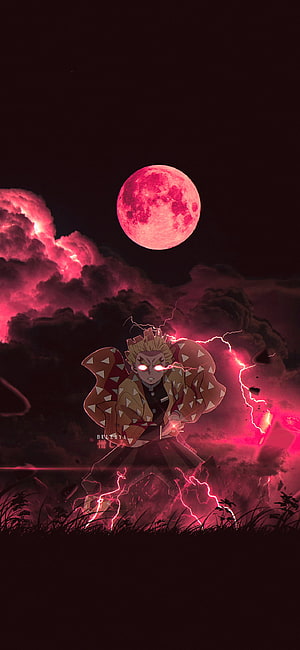 Demon Slayer: Zenitsu Agatsuma in Thunder Breathing Under a Crimson Moon HD phone wallpaper