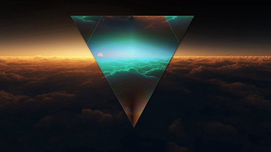 Inverted Triangle Glowing Over Sunset Cloudscape with Digital Scanline Texture HD wallpaper