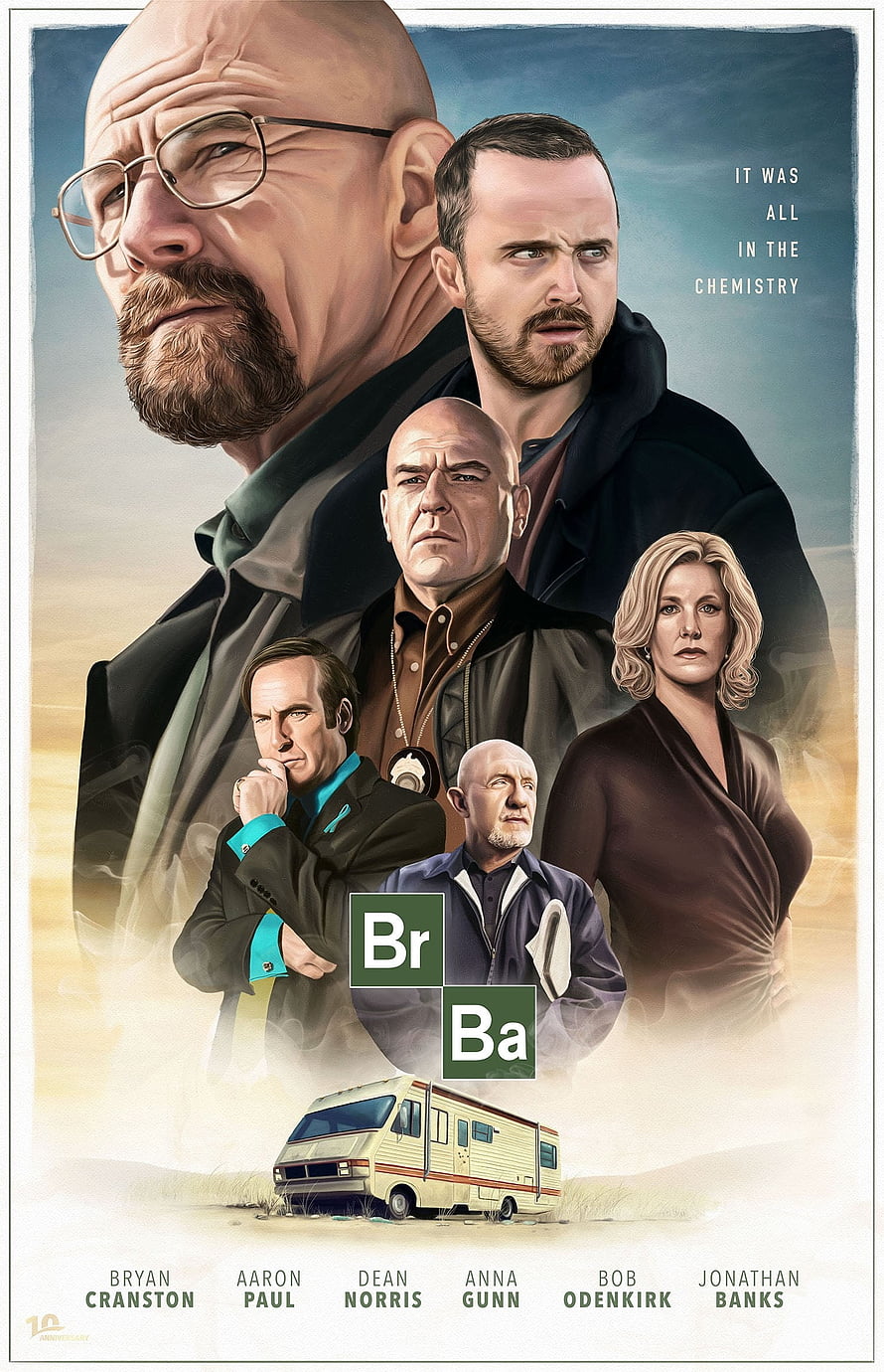 Breaking Bad 10th Anniversary Cast Poster with RV and Periodic Table Logo HD phone wallpaper