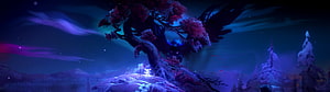 Magical glowing tree in a mystical purple forest landscape with a small glowing figure HD wallpaper