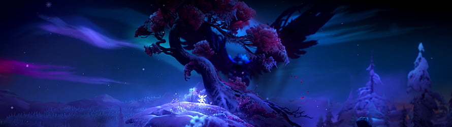Magical glowing tree in a mystical purple forest landscape with a small glowing figure HD wallpaper