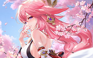 Yae Miko Genshin Impact Anime Wallpaper Pink Hair Cherry Blossoms HD wallpaper