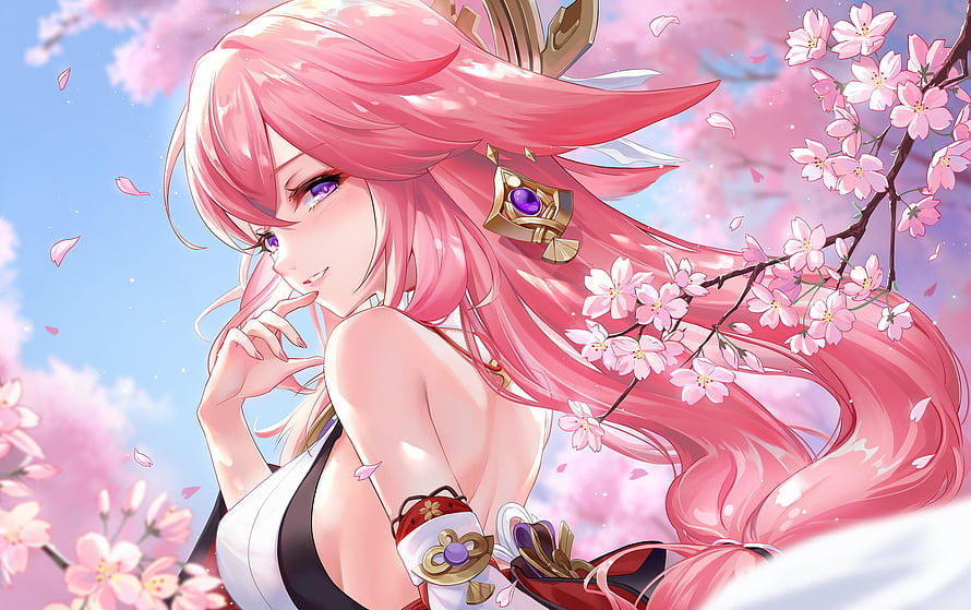 Yae Miko Genshin Impact Anime Wallpaper Pink Hair Cherry Blossoms HD wallpaper