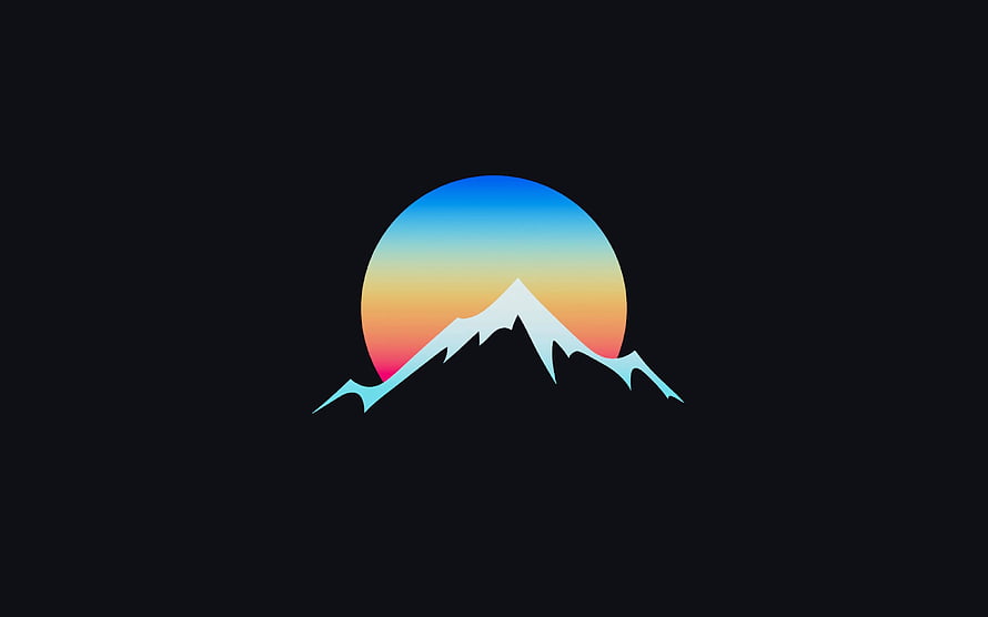 Minimalist Mountain Peak Logo with Gradient Sunset Circle on Dark Background HD wallpaper